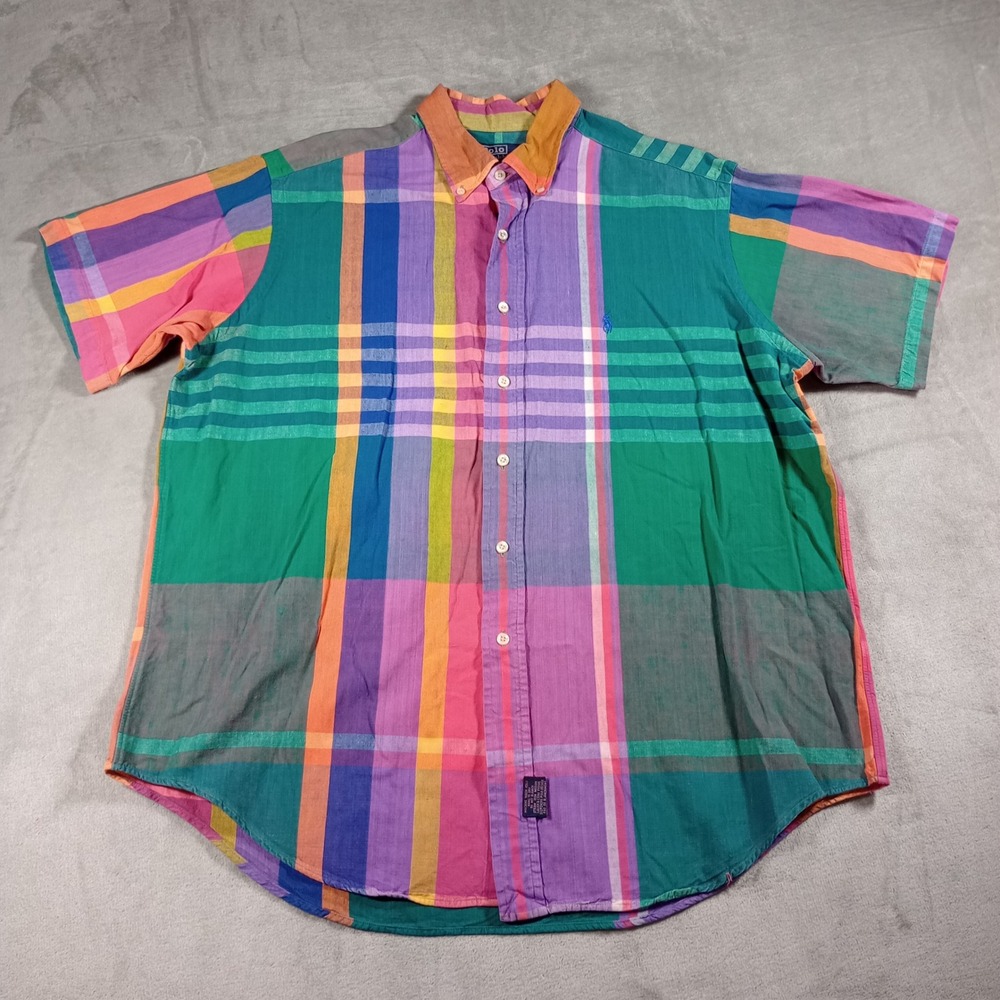 Polo Ralph Lauren Plaid Shirt Mens XL Short Sleeve Vintage Preppy 90s Pony Logo